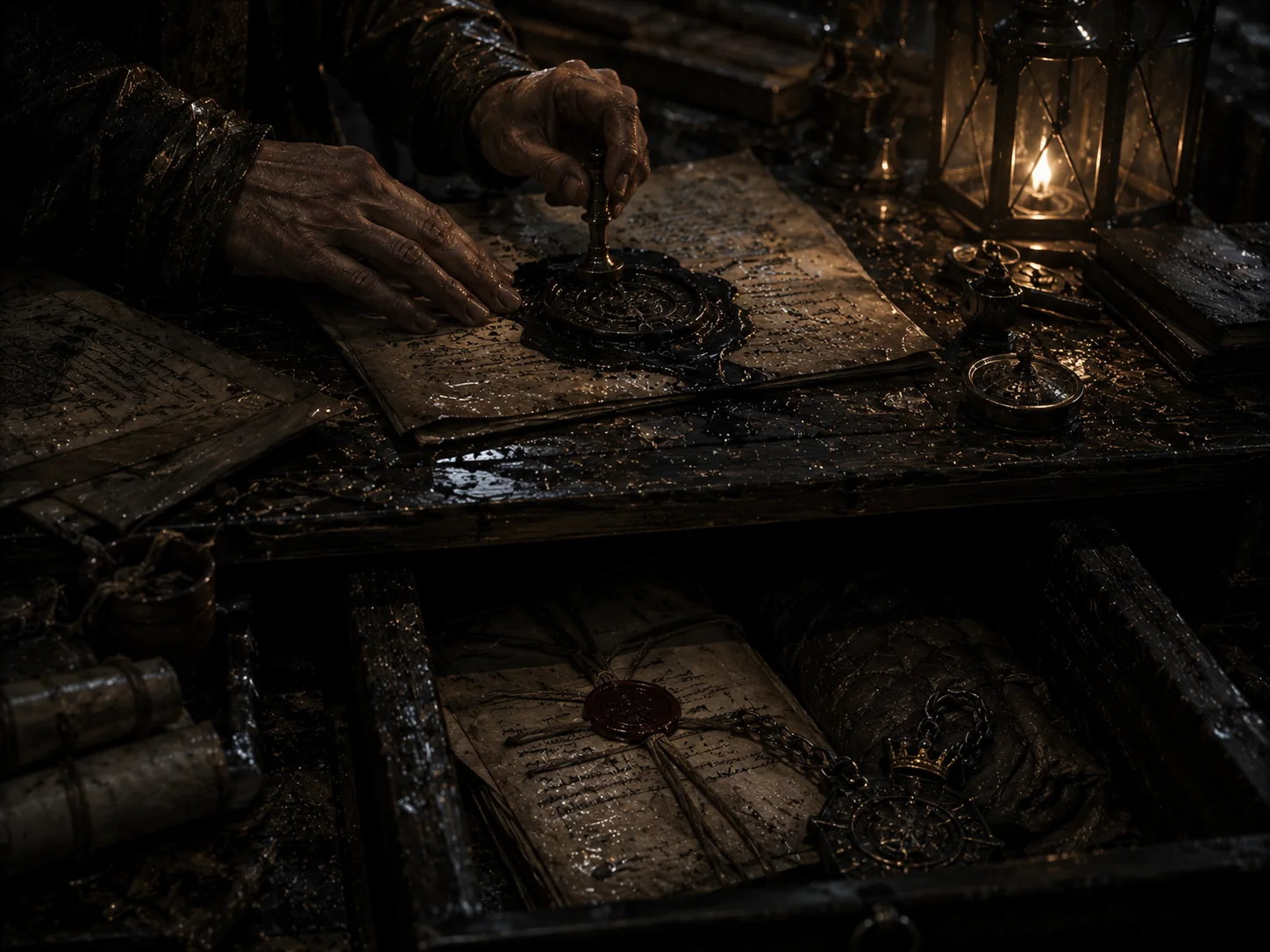A hand presses a seal into a damp writ beside lamplight and layered records.