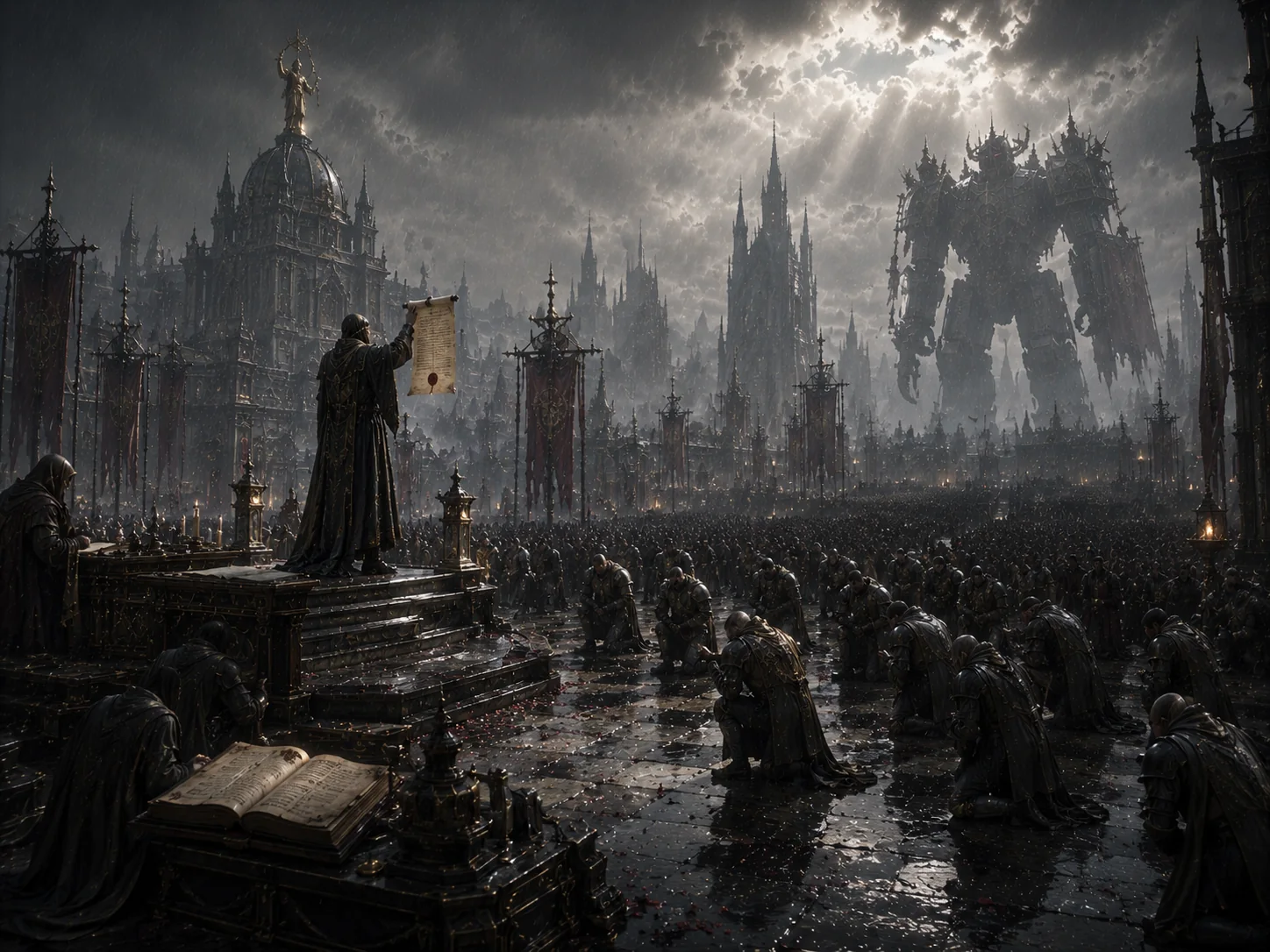 The First Mandate is declared before soldiers, records, banners, and a distant Titan.