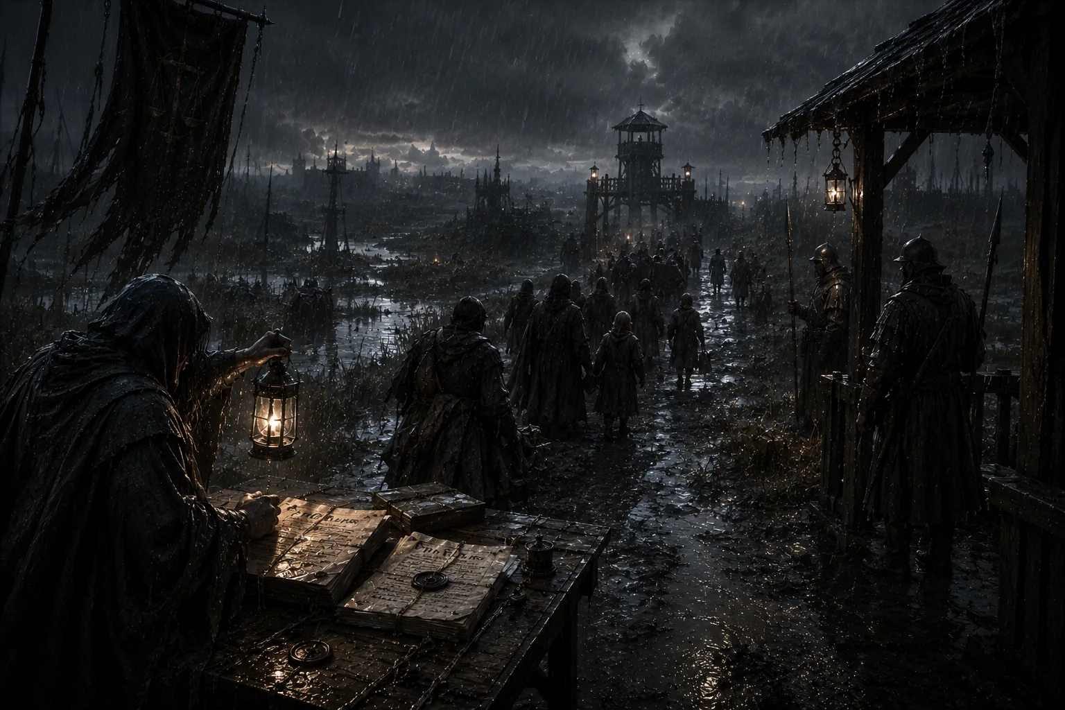 Travelers face a guarded road checkpoint through rain, wet warrants, and lamplight.