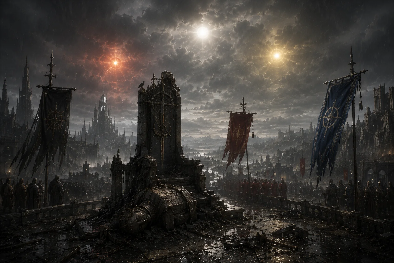 A ruined imperial throne stands beneath three lights and rival banners.